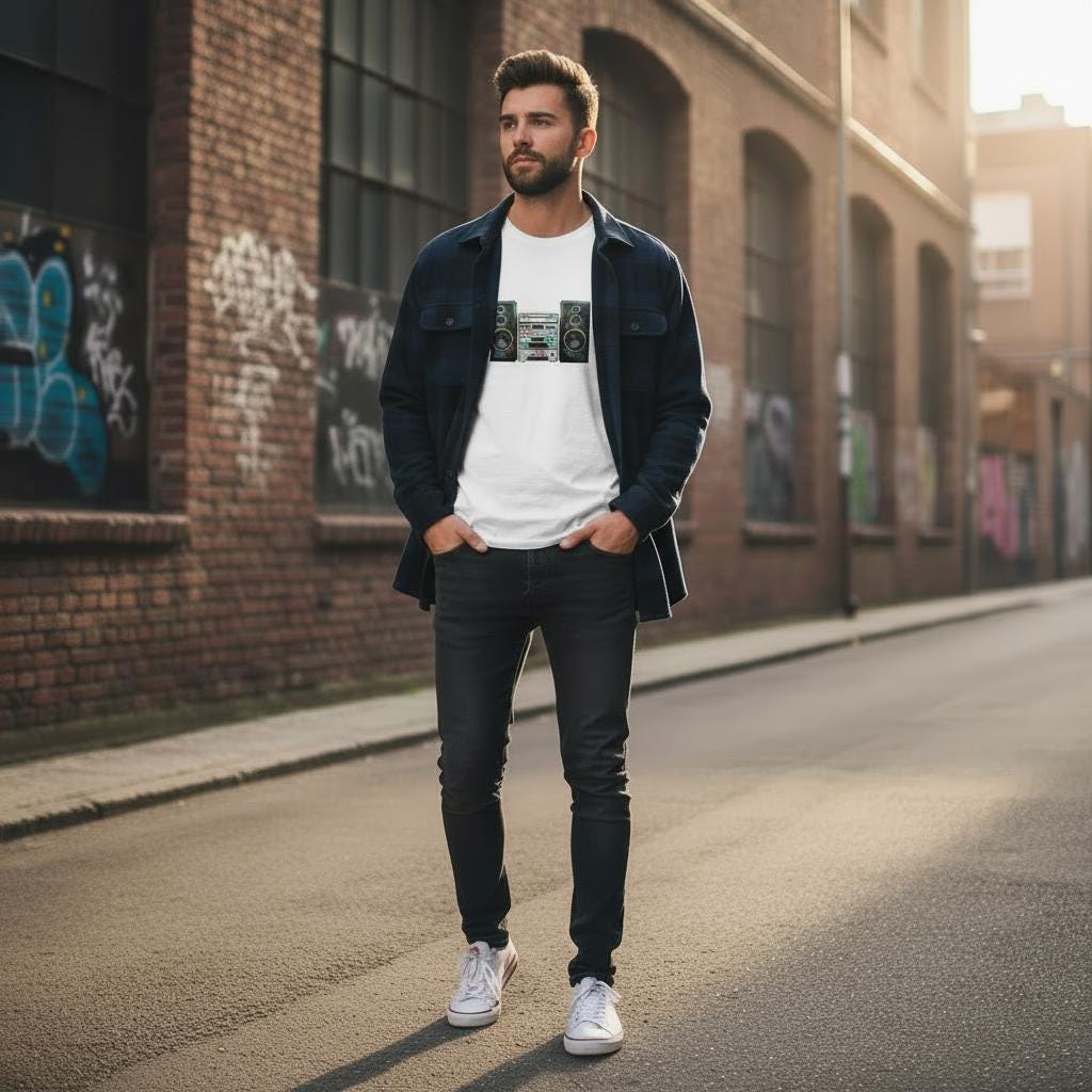 Man standing on a street wearing the Hi-Fi T-shirt under a blue shirt 